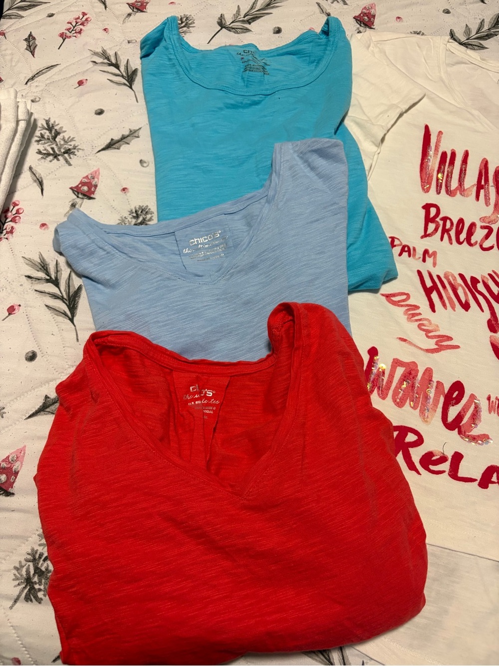 Chico's Short Sleeve Scoop Neck Tees in Red and Two Blues